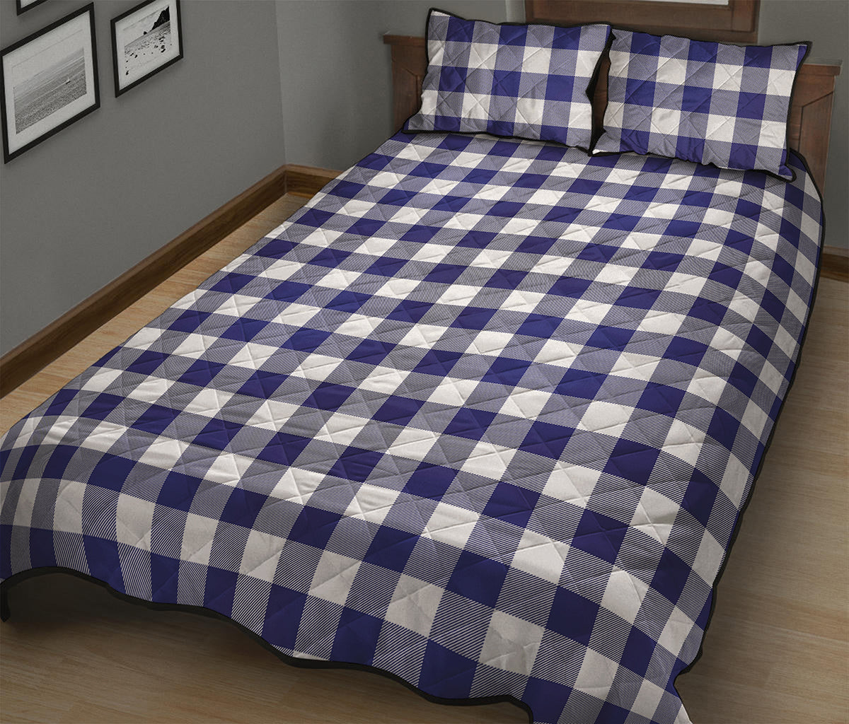 Navy And White Buffalo Check Print Quilt Bed Set