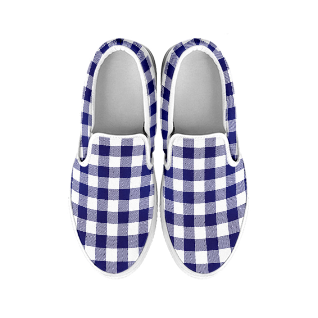 Navy And White Buffalo Check Print White Slip On Shoes
