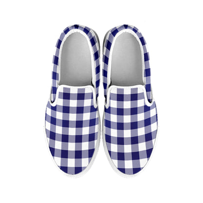 Navy And White Buffalo Check Print White Slip On Shoes