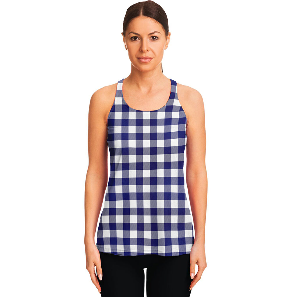 Navy And White Buffalo Check Print Women's Racerback Tank Top