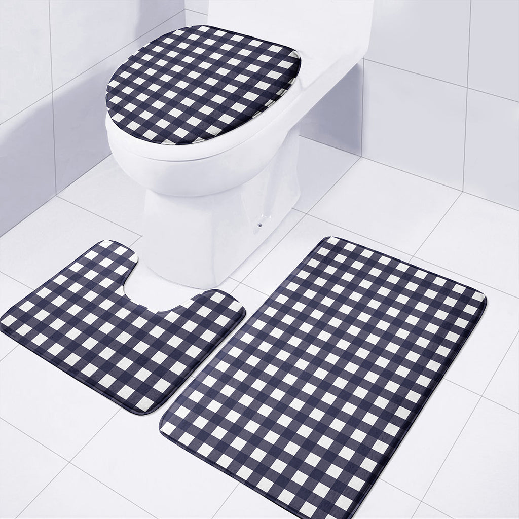 Navy And White Check Pattern Print 3 Piece Bath Mat Set