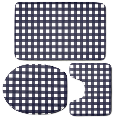 Navy And White Check Pattern Print 3 Piece Bath Mat Set