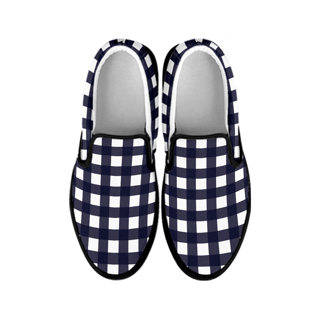 Navy And White Check Pattern Print Black Slip On Shoes