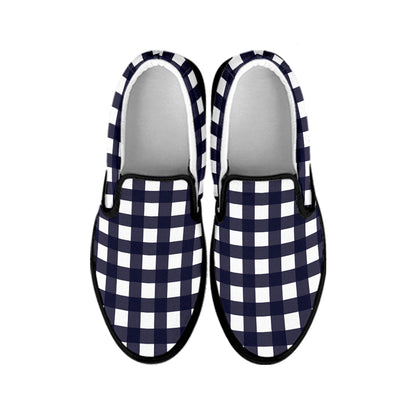 Navy And White Check Pattern Print Black Slip On Shoes