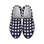 Navy And White Check Pattern Print Black Slip On Shoes