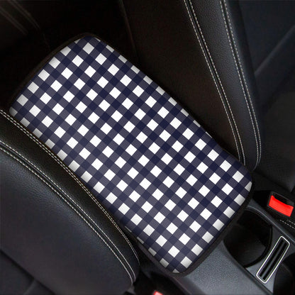 Navy And White Check Pattern Print Car Center Console Cover