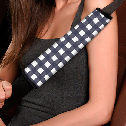 Navy And White Check Pattern Print Car Seat Belt Covers