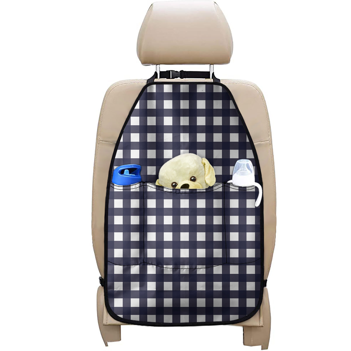 Navy And White Check Pattern Print Car Seat Organizers