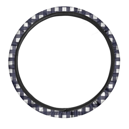 Navy And White Check Pattern Print Car Steering Wheel Cover
