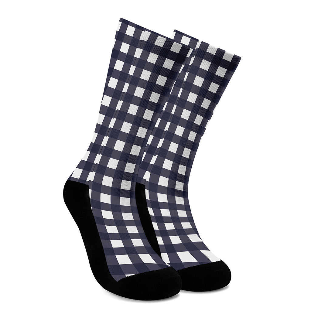 Navy And White Check Pattern Print Crew Socks