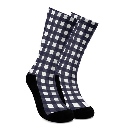 Navy And White Check Pattern Print Crew Socks