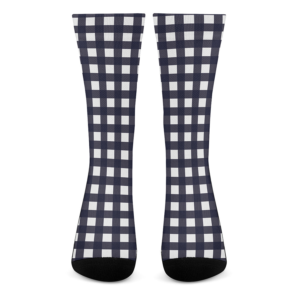 Navy And White Check Pattern Print Crew Socks