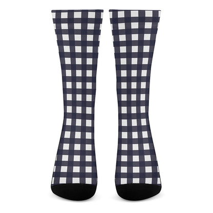 Navy And White Check Pattern Print Crew Socks