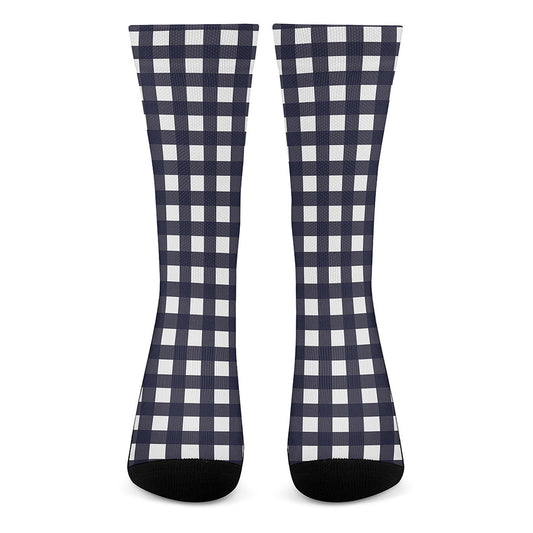 Navy And White Check Pattern Print Crew Socks