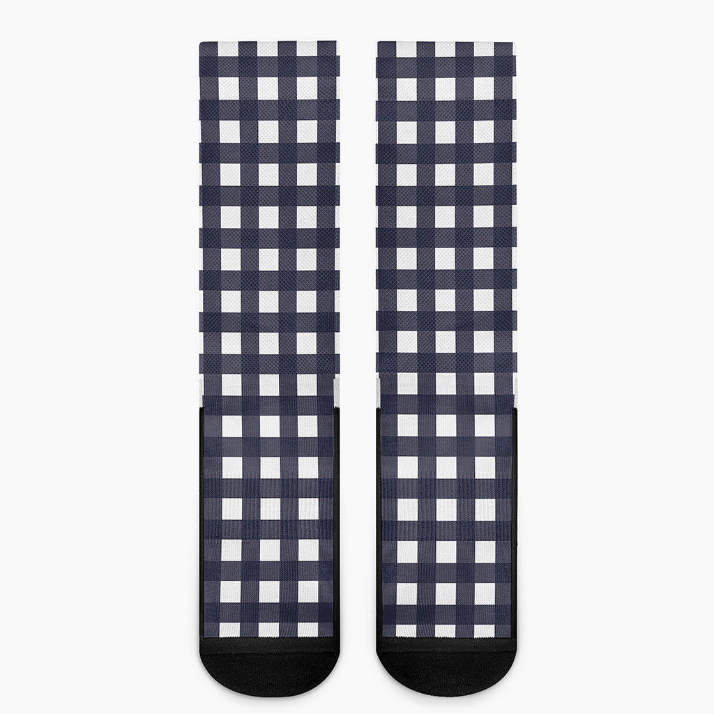 Navy And White Check Pattern Print Crew Socks