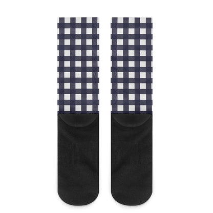 Navy And White Check Pattern Print Crew Socks