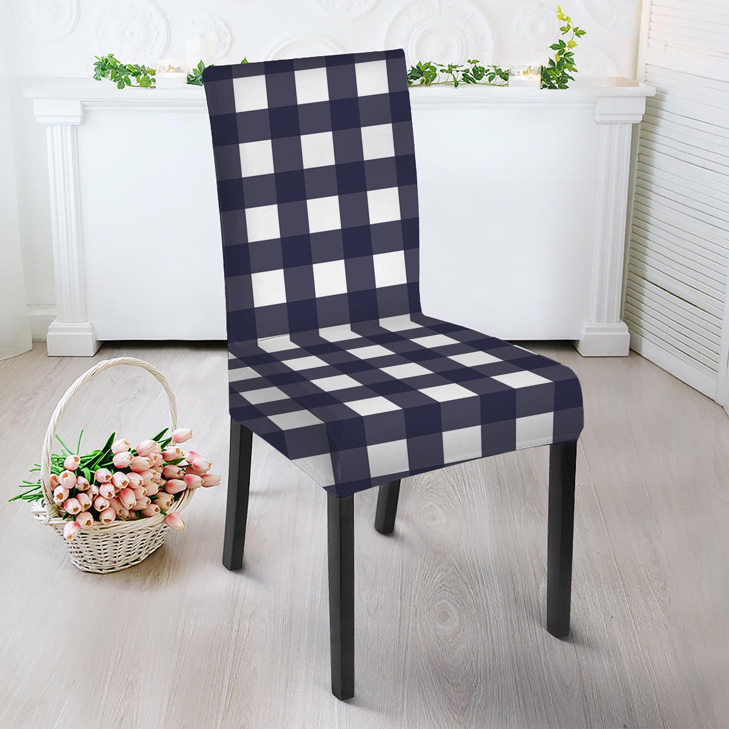 Navy And White Check Pattern Print Dining Chair Slipcover
