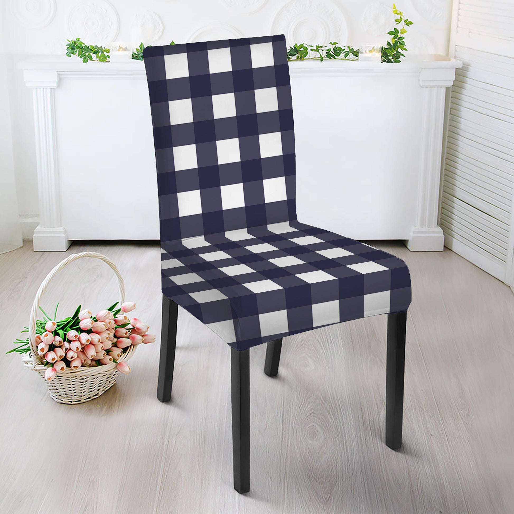 Navy And White Check Pattern Print Dining Chair Slipcover