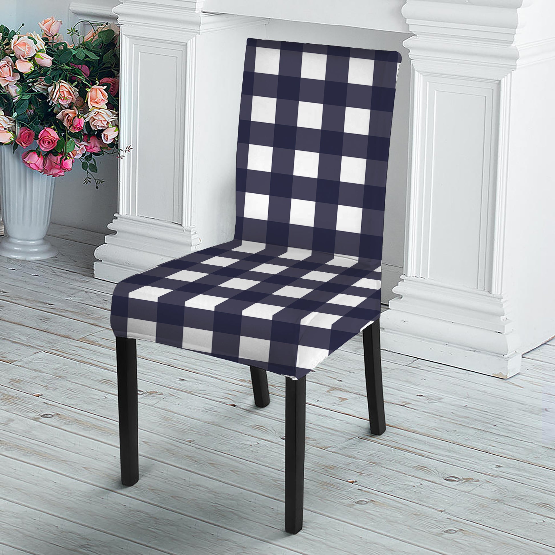 Navy And White Check Pattern Print Dining Chair Slipcover
