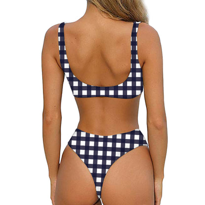 Navy And White Check Pattern Print Front Bow Tie Bikini