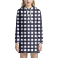 Navy And White Check Pattern Print Pullover Hoodie Dress