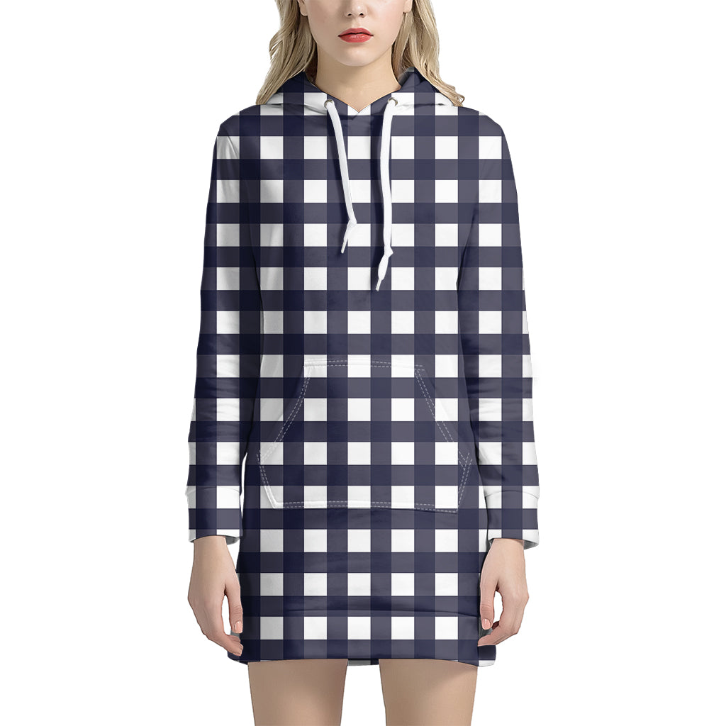 Navy And White Check Pattern Print Hoodie Dress