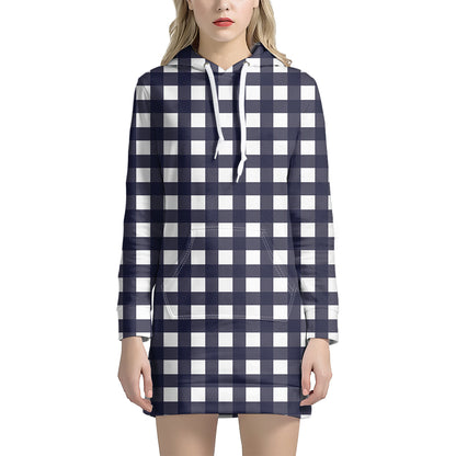 Navy And White Check Pattern Print Hoodie Dress