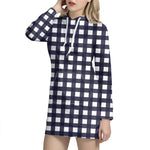 Navy And White Check Pattern Print Hoodie Dress