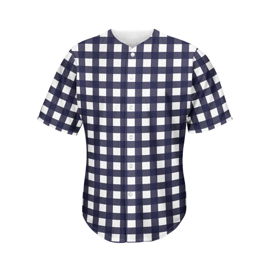 Navy And White Check Pattern Print Men's Baseball Jersey