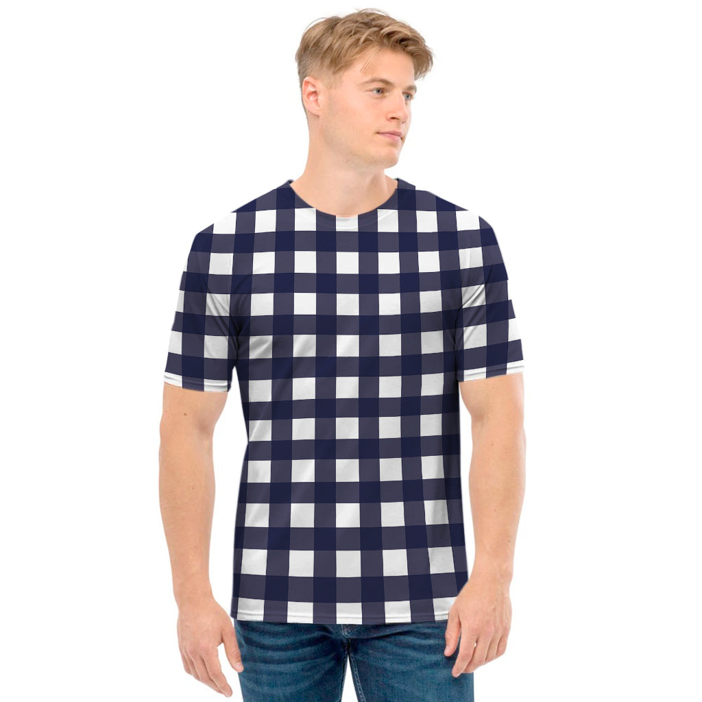 Navy And White Check Pattern Print Men's T-Shirt