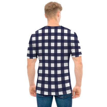Navy And White Check Pattern Print Men's T-Shirt