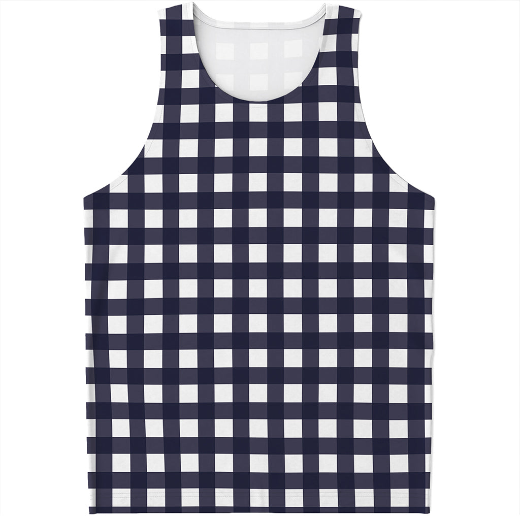 Navy And White Check Pattern Print Men's Tank Top