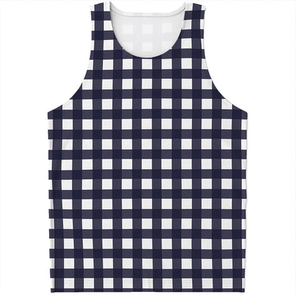 Navy And White Check Pattern Print Men's Tank Top