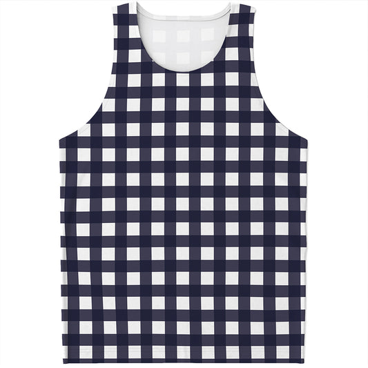 Navy And White Check Pattern Print Men's Tank Top
