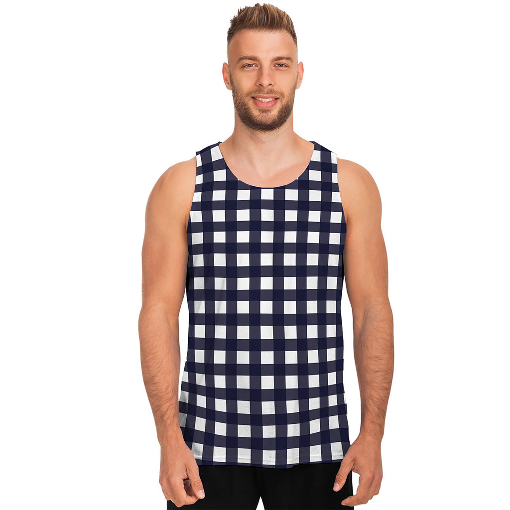 Navy And White Check Pattern Print Men's Tank Top