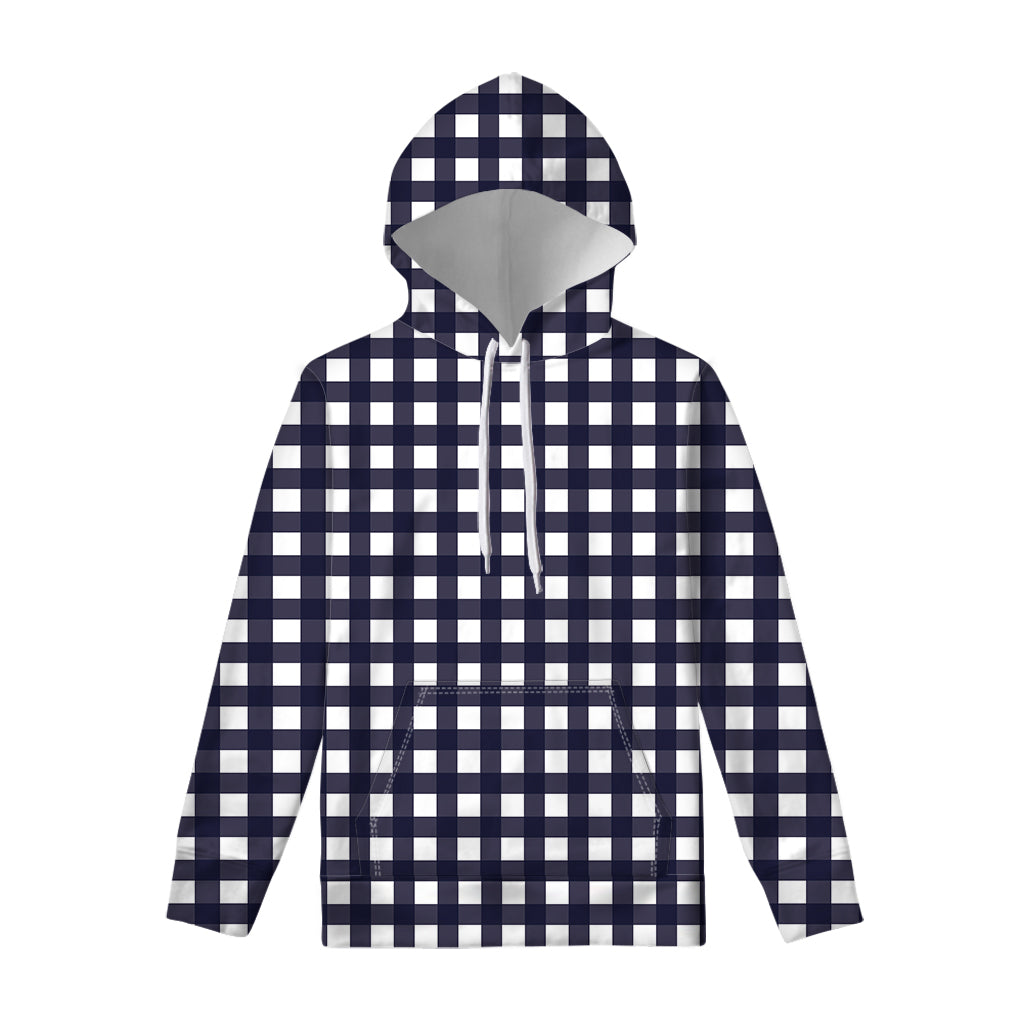 Navy And White Check Pattern Print Pullover Hoodie