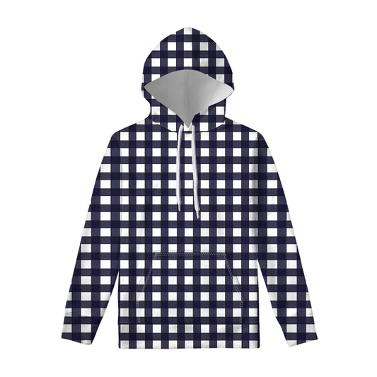 Navy And White Check Pattern Print Pullover Hoodie
