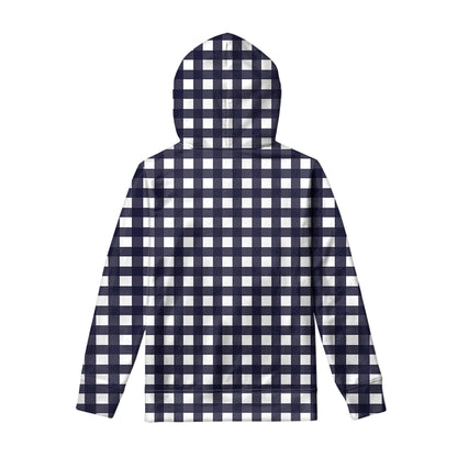Navy And White Check Pattern Print Pullover Hoodie