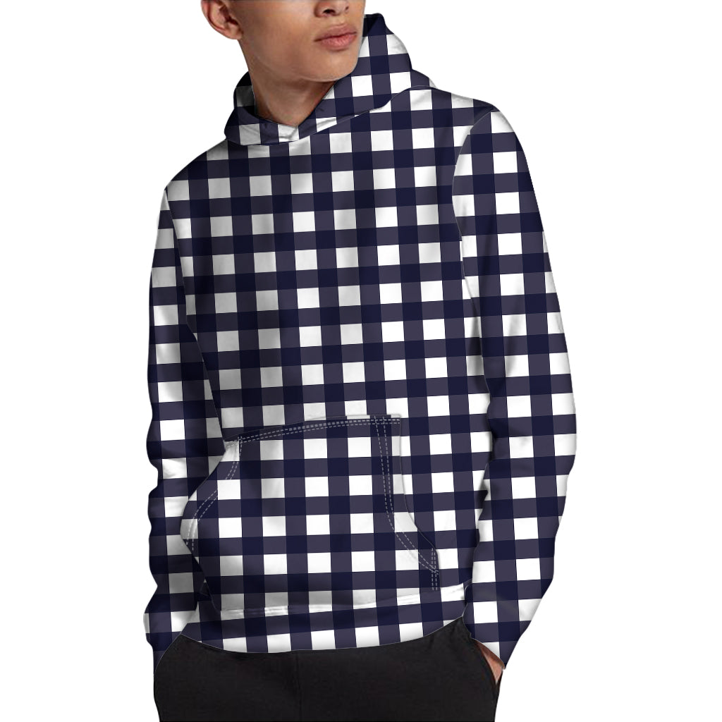 Navy And White Check Pattern Print Pullover Hoodie