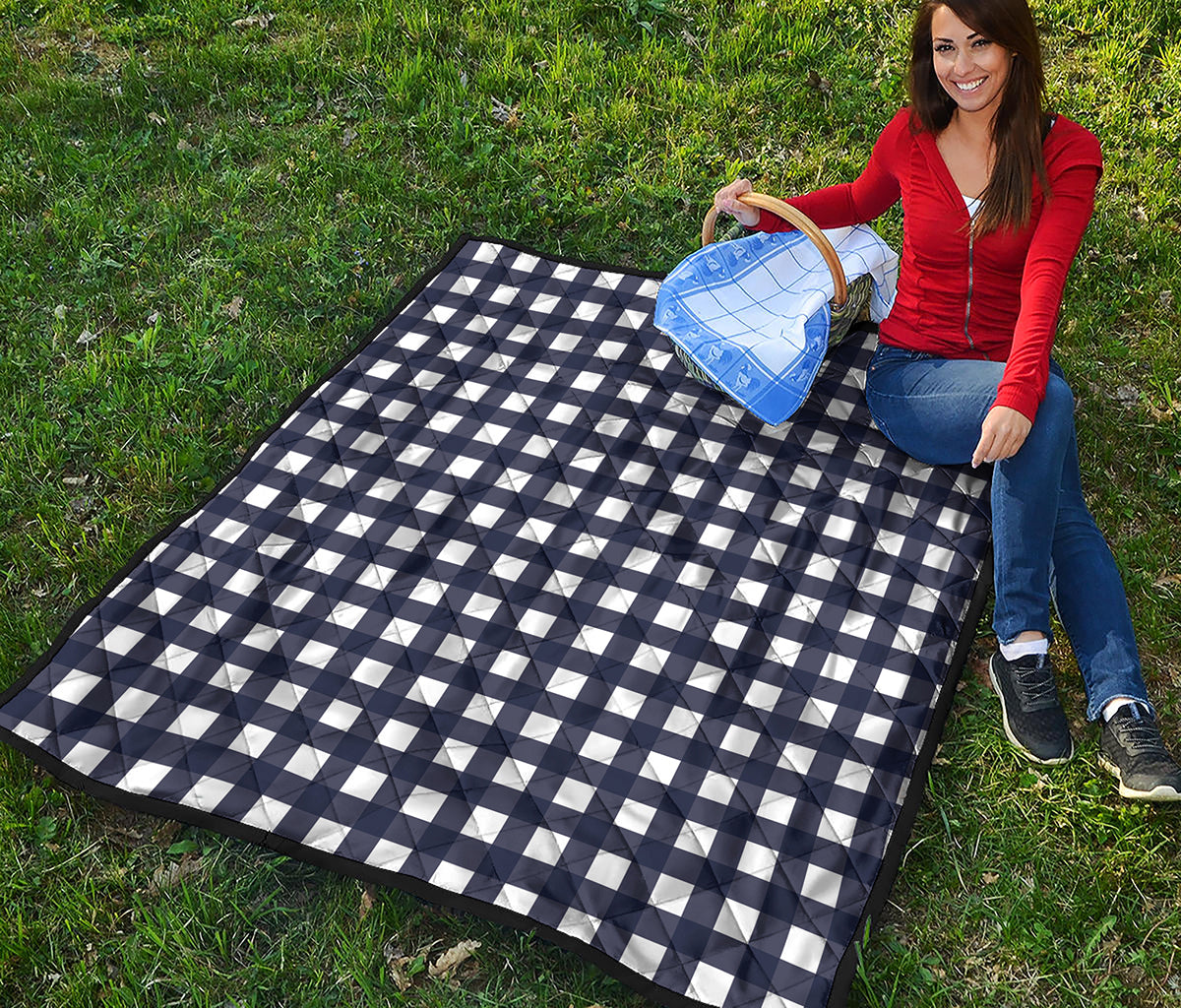 Navy And White Check Pattern Print Quilt
