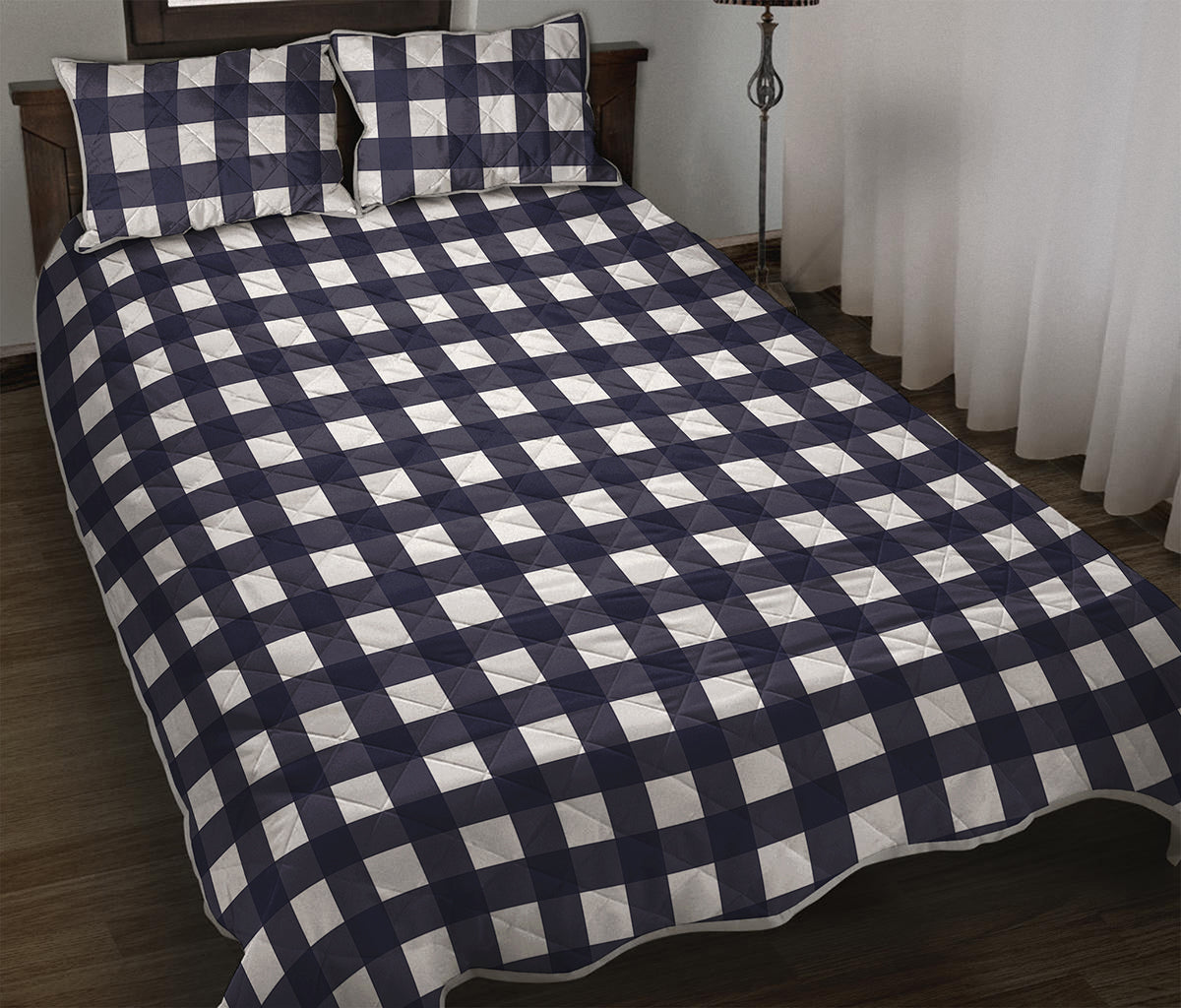 Navy And White Check Pattern Print Quilt Bed Set