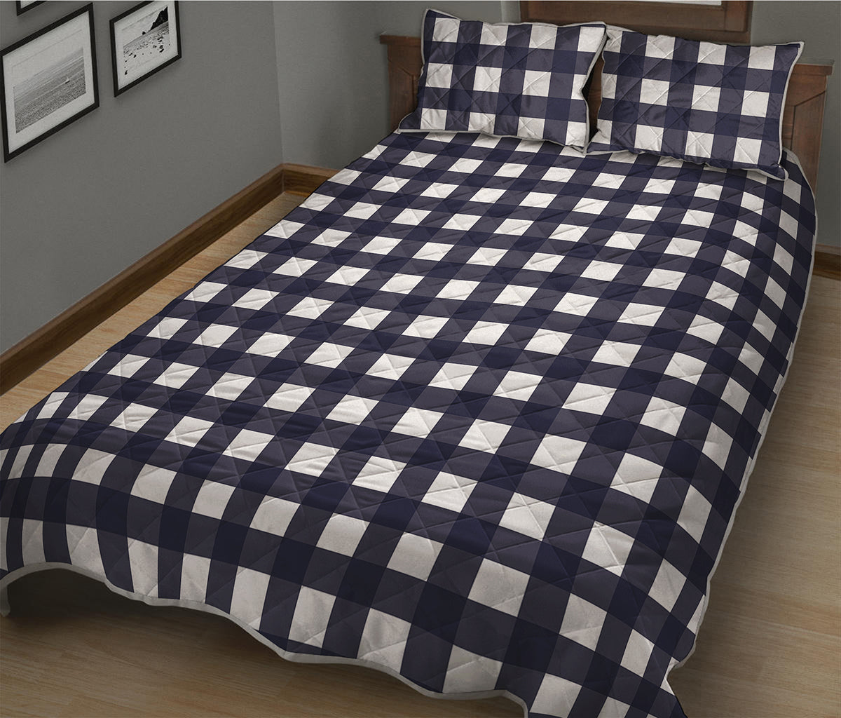 Navy And White Check Pattern Print Quilt Bed Set