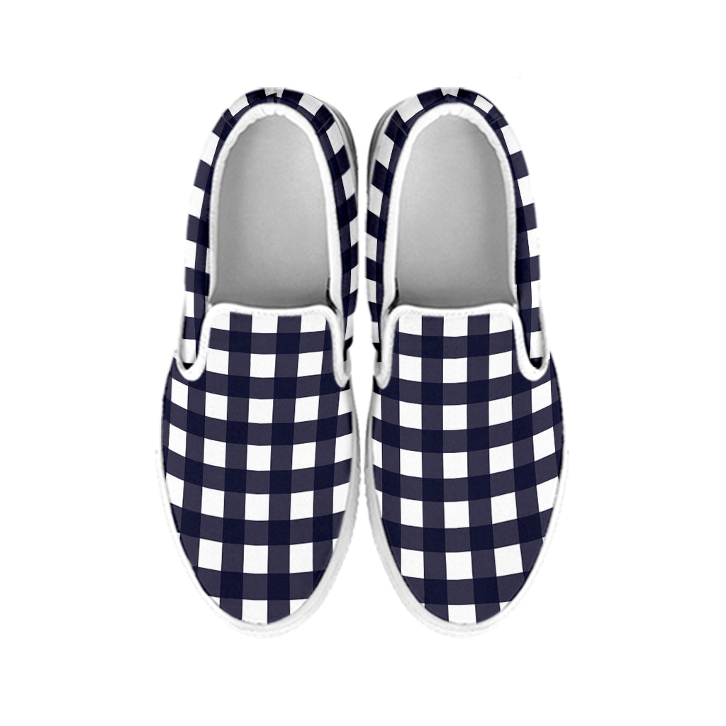 Navy And White Check Pattern Print White Slip On Shoes