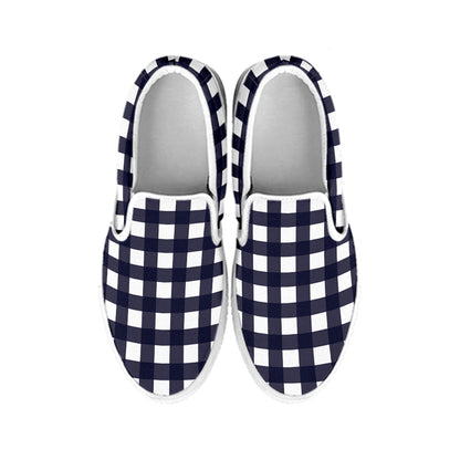 Navy And White Check Pattern Print White Slip On Shoes