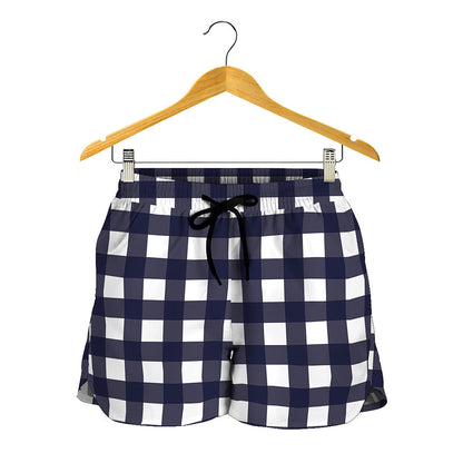 Navy And White Check Pattern Print Women's Shorts