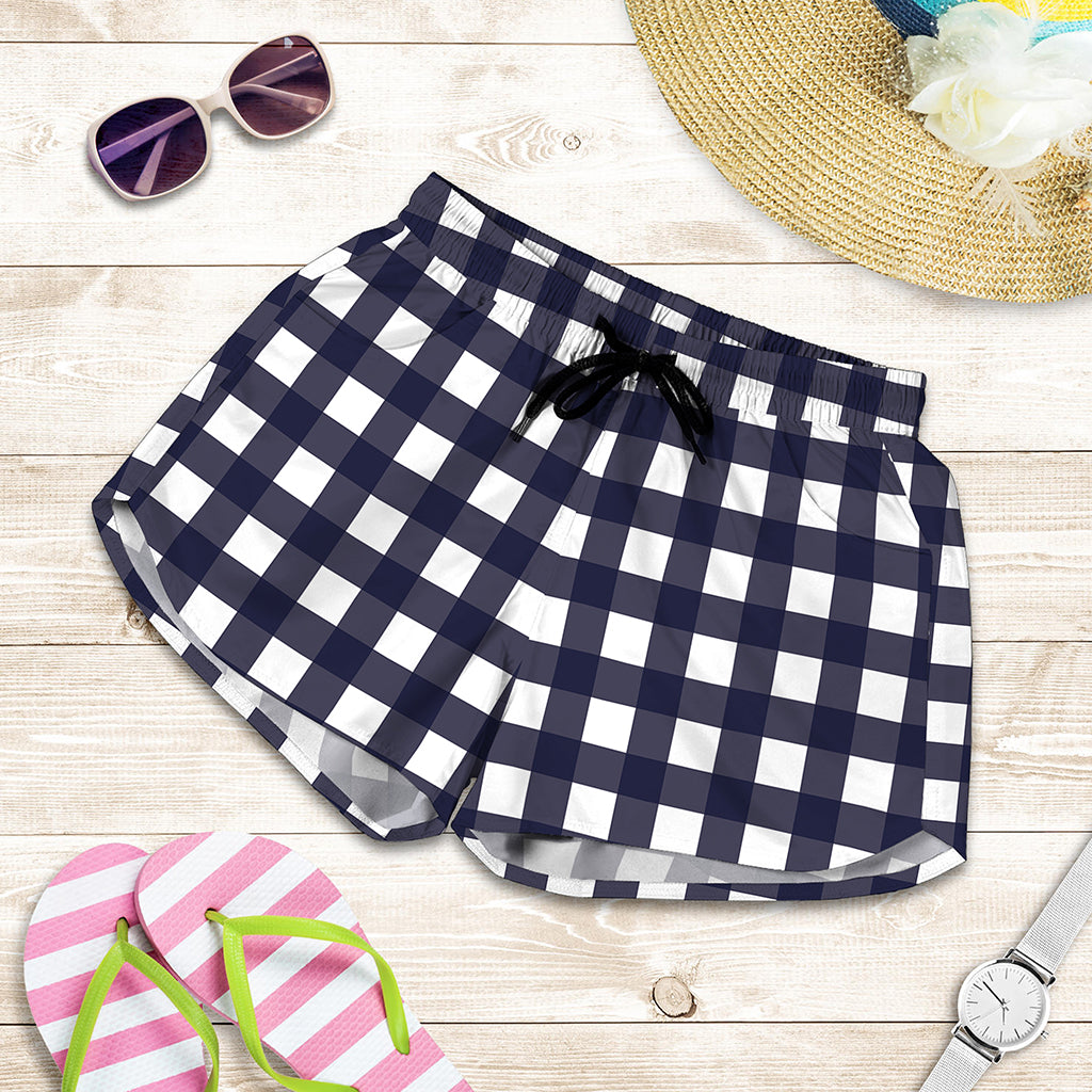 Navy And White Check Pattern Print Women's Shorts