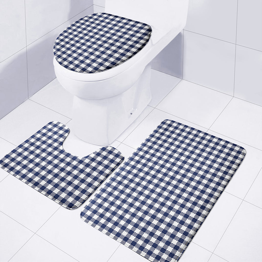 Navy And White Gingham Pattern Print 3 Piece Bath Mat Set