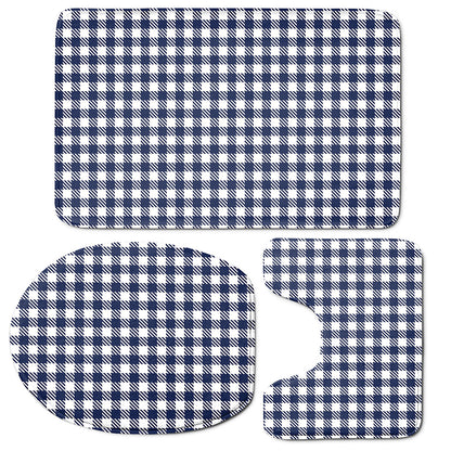 Navy And White Gingham Pattern Print 3 Piece Bath Mat Set