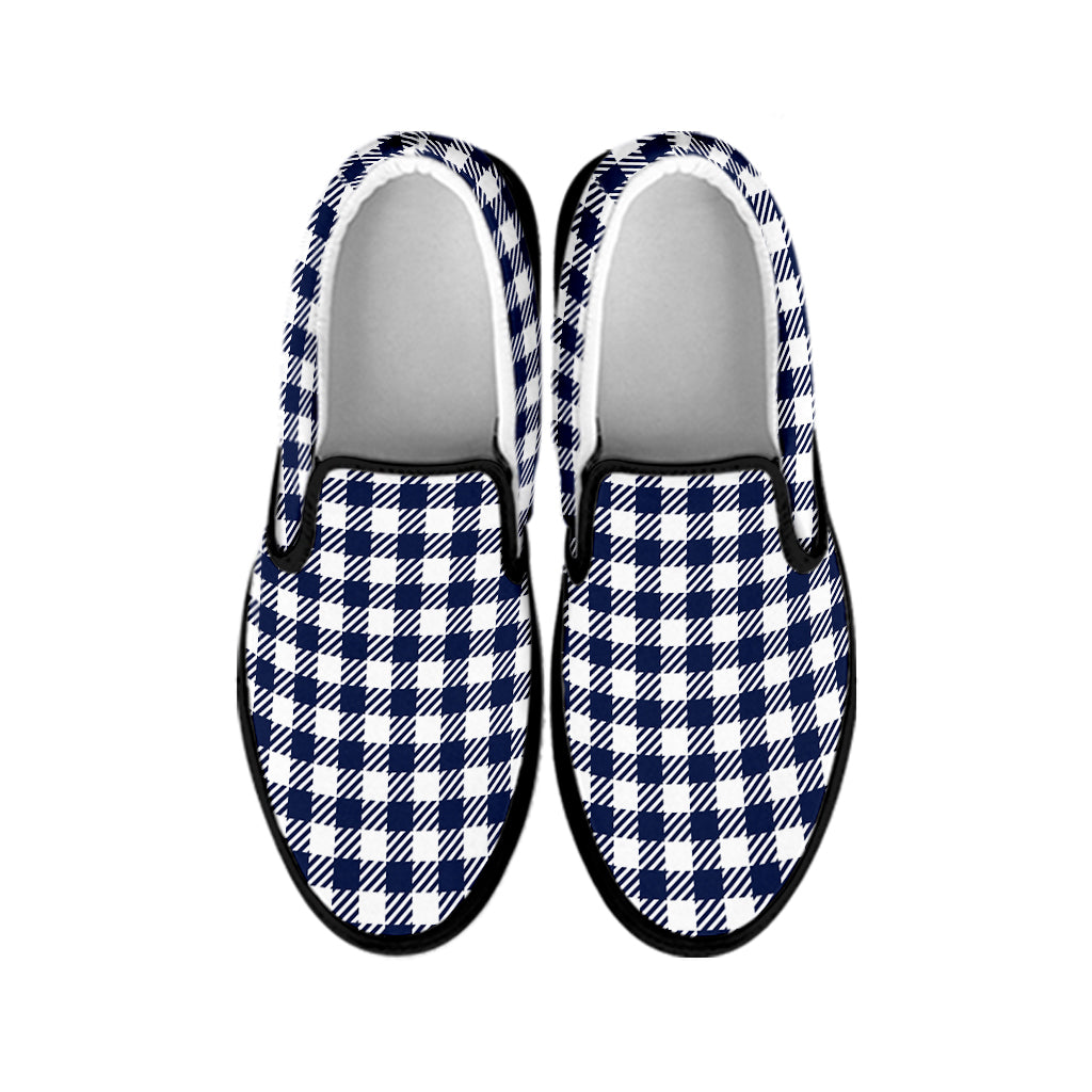 Navy And White Gingham Pattern Print Black Slip On Shoes