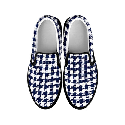 Navy And White Gingham Pattern Print Black Slip On Shoes